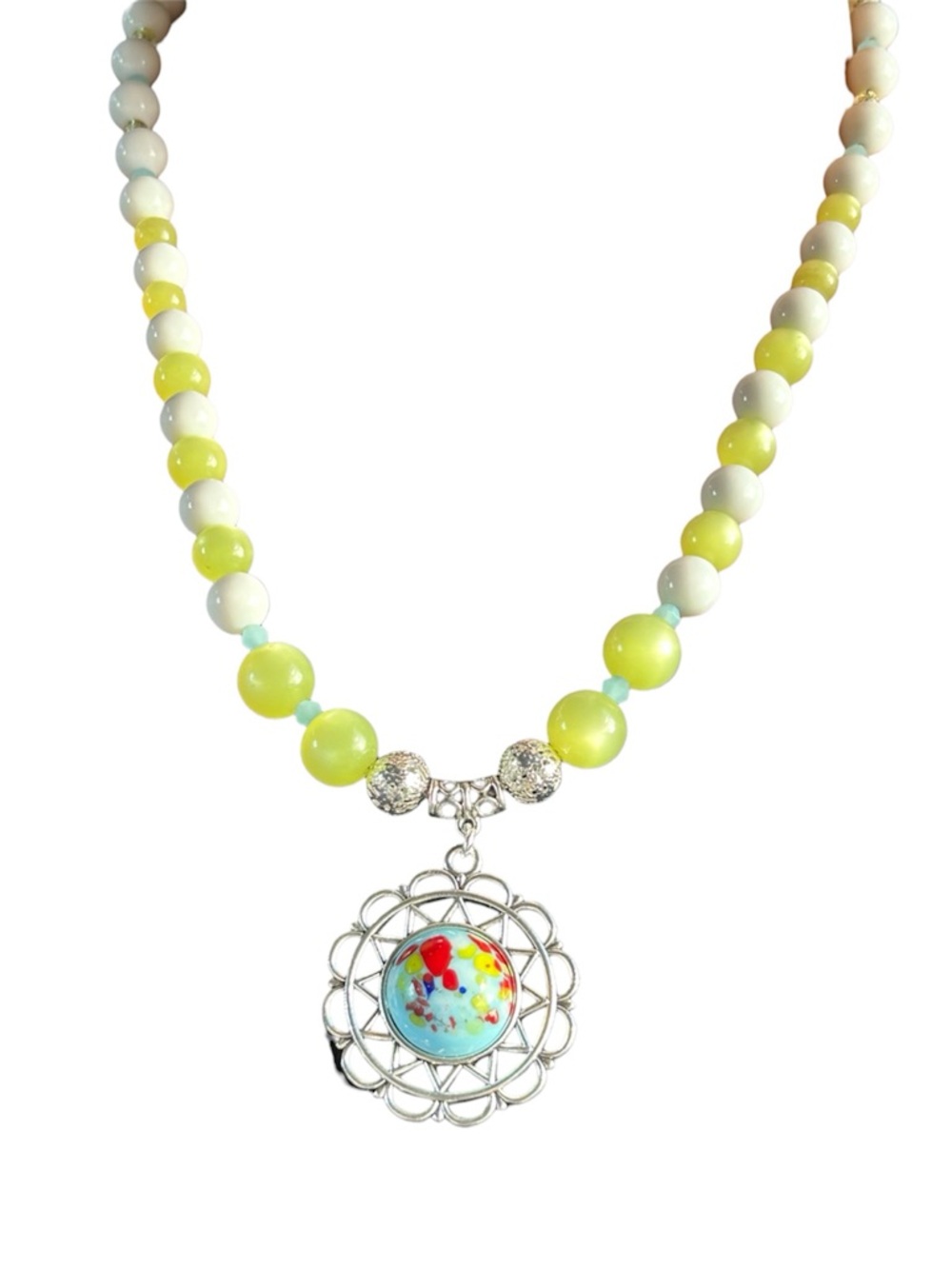 “Limelight Darling” Czech Glass,Moonglow,Fire Polished Glass, Acrylic Necklace